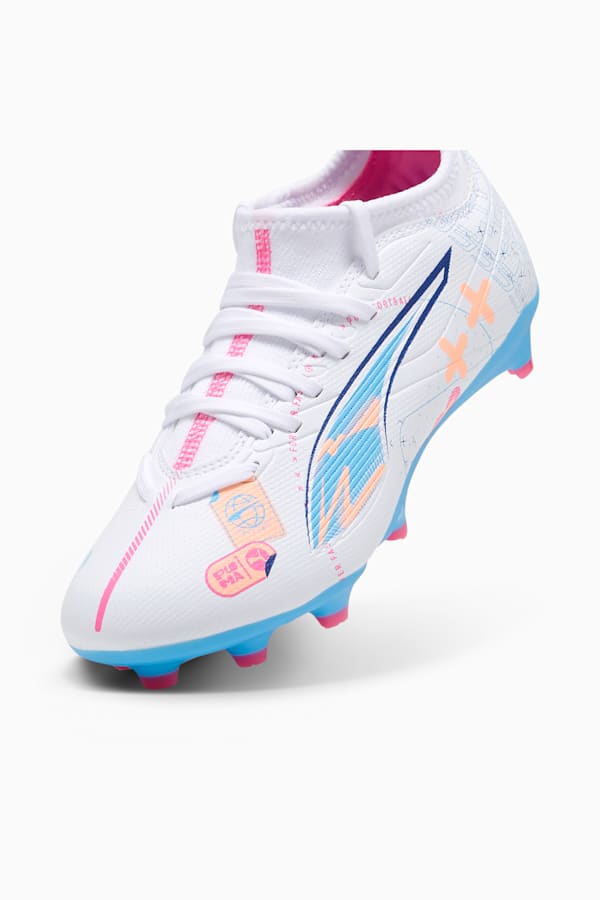 ULTRA 5 MATCH VOLUME UP FG/AG Football Boots Youth, PUMA White-Luminous Blue-Poison Pink-Fizzy Melon, extralarge