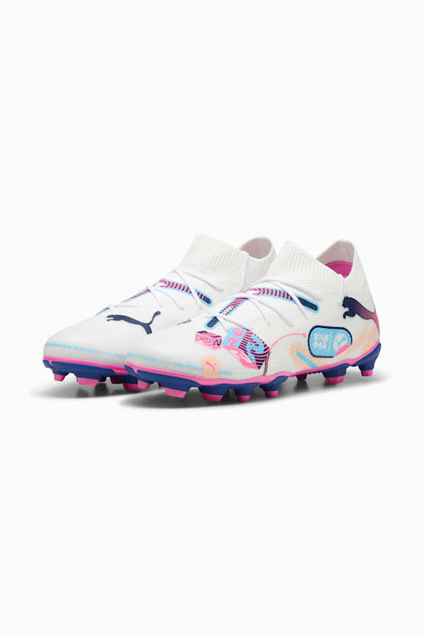FUTURE 7 MATCH VOLUME UP FG/AG Football Boots Youth, PUMA White-Luminous Blue-Poison Pink-Fizzy Melon, extralarge