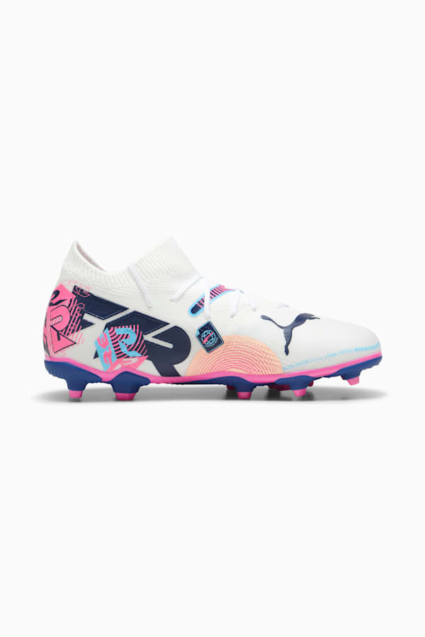 FUTURE 7 MATCH VOLUME UP FG/AG Football Boots Youth, PUMA White-Luminous Blue-Poison Pink-Fizzy Melon, extralarge