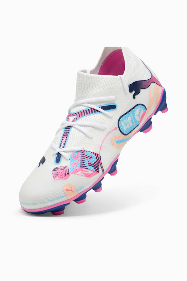 FUTURE 7 MATCH VOLUME UP FG/AG Football Boots Youth, PUMA White-Luminous Blue-Poison Pink-Fizzy Melon, extralarge