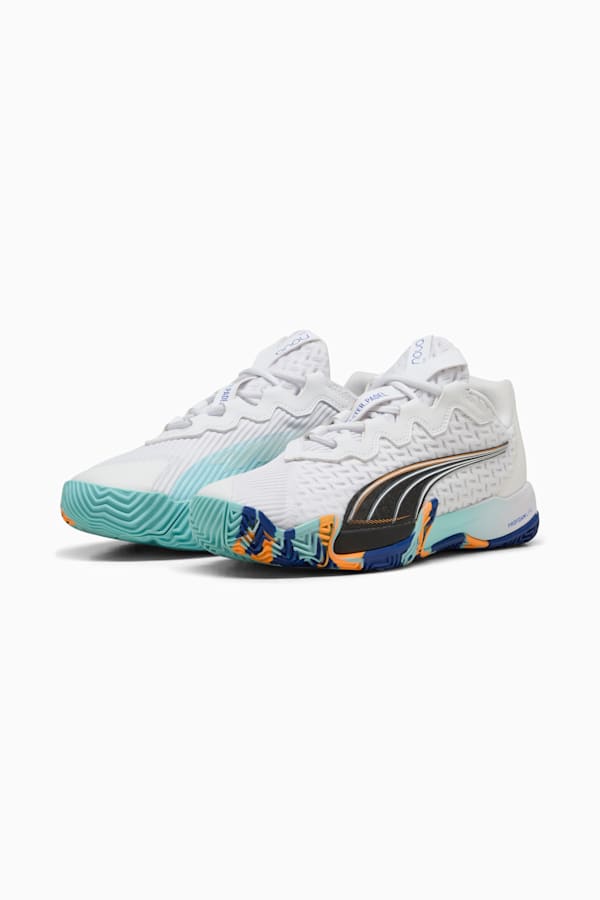NOVA ELITE Padel Boots Adults, PUMA White-PUMA Black-Vivid Blue-Heat Fire, extralarge