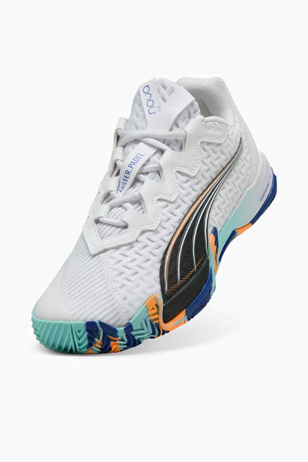 NOVA ELITE Padel Boots Adults, PUMA White-PUMA Black-Vivid Blue-Heat Fire, extralarge