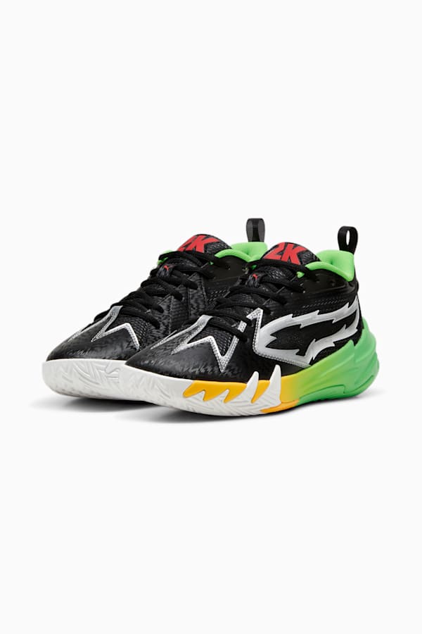 PUMA x 2k Scoot Zeros Youth Basketball Shoes, PUMA Black-Fluo Green, extralarge