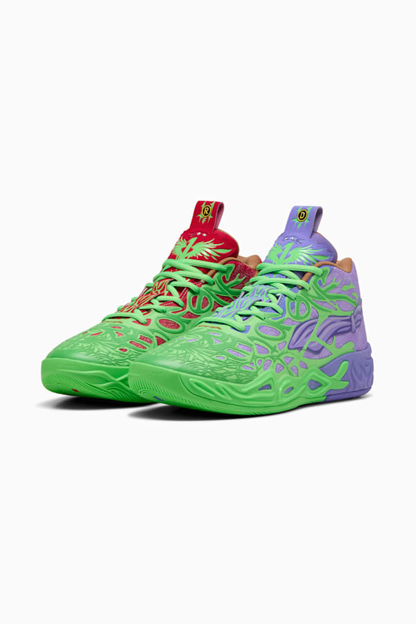 PUMA HOOPS x TMNT MB.04 RD Basketball Shoes Unisex, Fluro Green Pes-PUMA Red-Dark Amethyst, extralarge