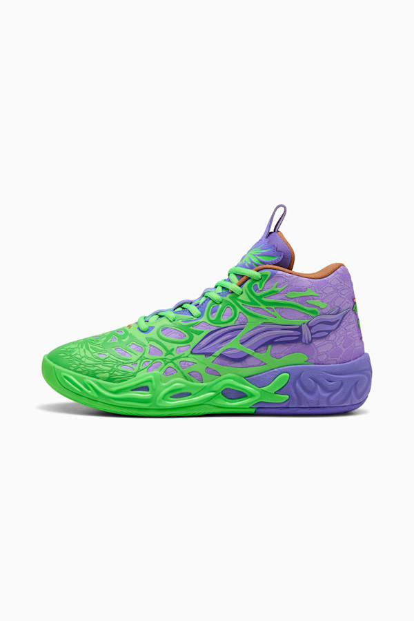 PUMA HOOPS x TMNT MB.04 RD Basketball Shoes Unisex, Fluro Green Pes-PUMA Red-Dark Amethyst, extralarge