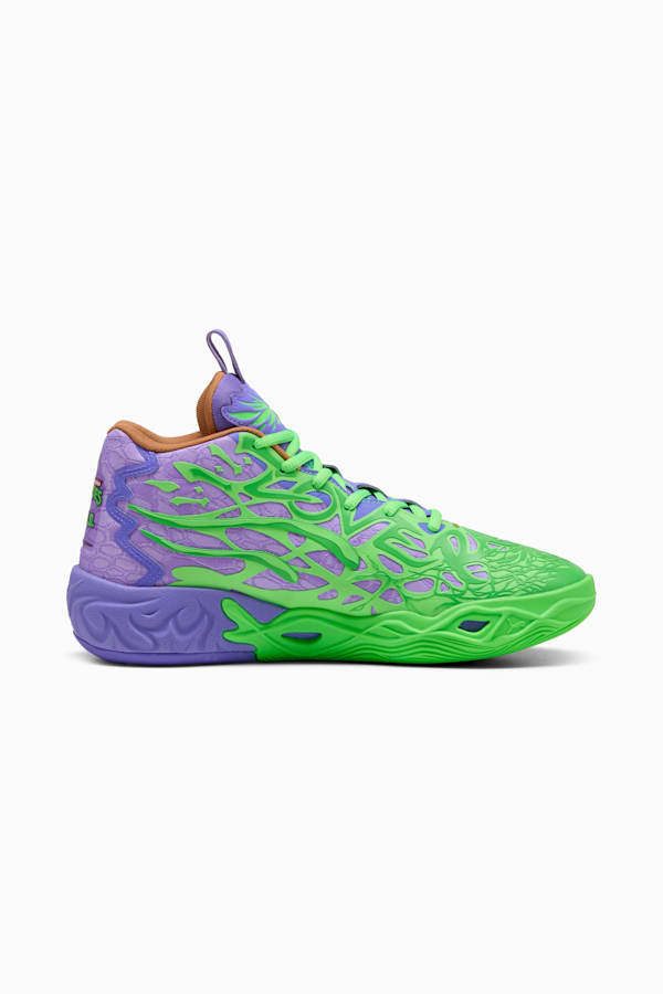 PUMA HOOPS x TMNT MB.04 RD Basketball Shoes Unisex, Fluro Green Pes-PUMA Red-Dark Amethyst, extralarge