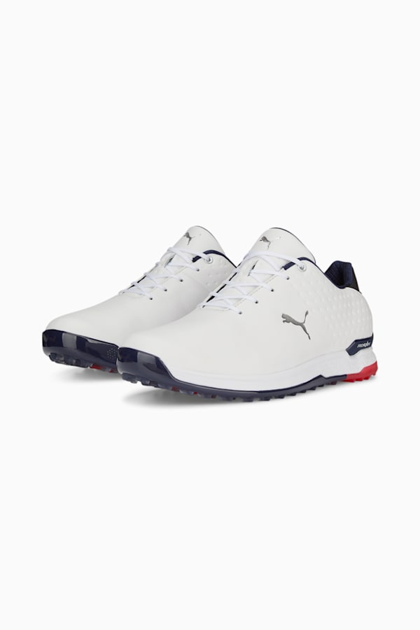 PROADAPT ALPHACAT Leather Men's Golf Shoes, PUMA White-PUMA Navy-For All Time Red, extralarge