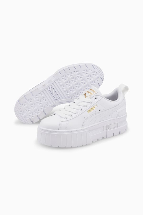 Mayze Leather Youth Trainers, Puma White-Puma Team Gold, extralarge