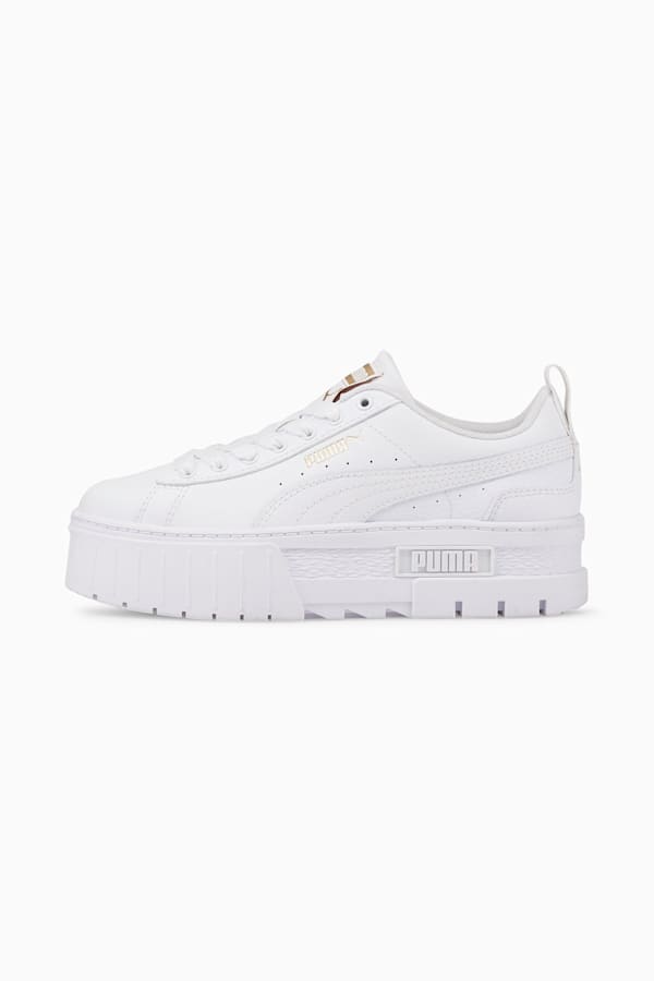 Mayze Leather Youth Trainers, Puma White-Puma Team Gold, extralarge