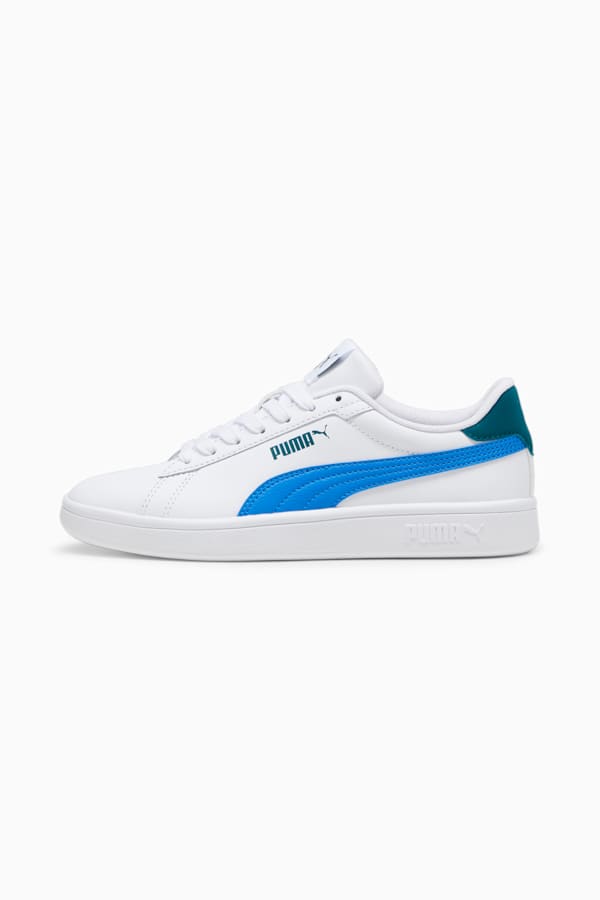 Smash 3.0 Leather Sneakers Youth, PUMA White-Hyperlink Blue-Cold Green, extralarge-GBR