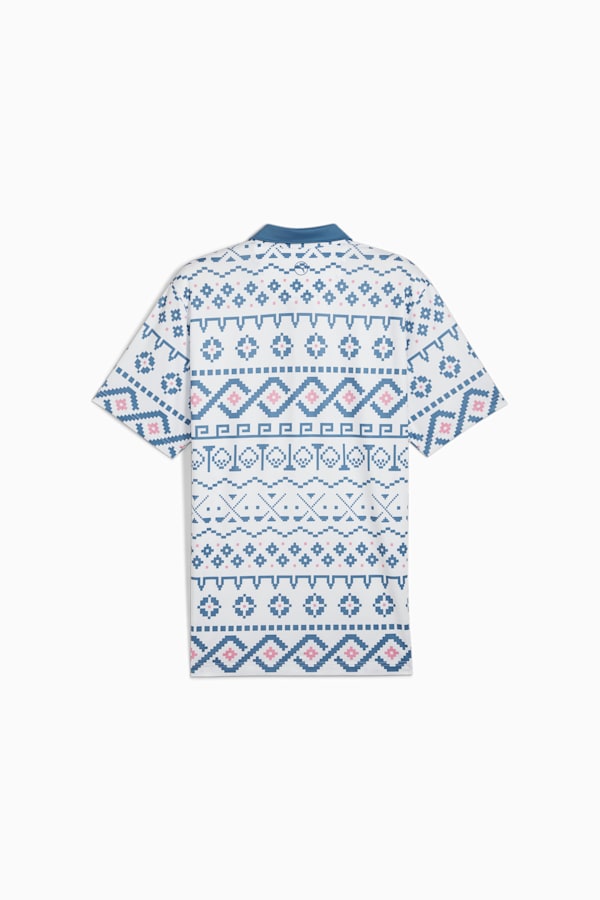 Fair Isle Print Golf Polo Men, White Glow-Blue Horizon, extralarge