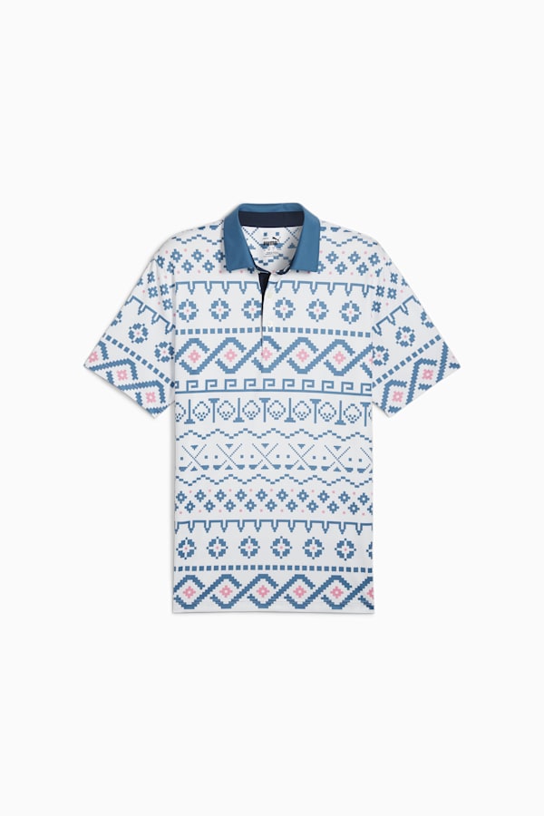 Fair Isle Print Golf Polo Men, White Glow-Blue Horizon, extralarge