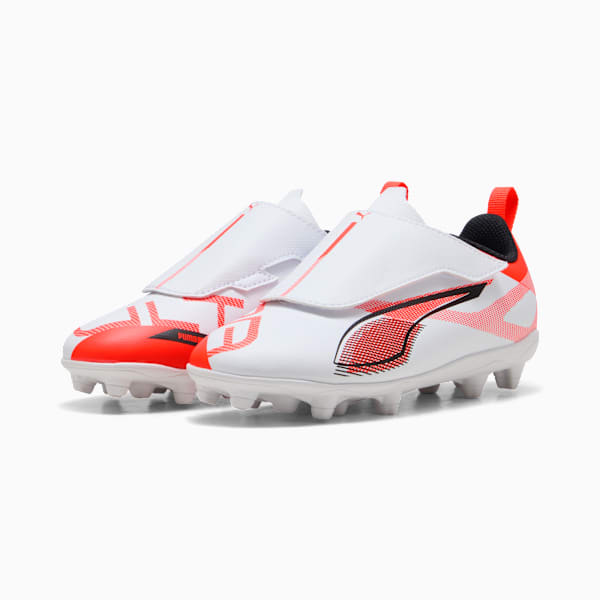 Tacos de fútbol ULTRA 5 PLAY FG/AG RB para niños, PUMA White-PUMA Black-Glowing Red, large-MEX