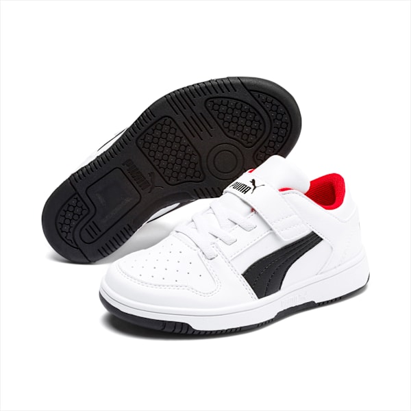 Zapatillas Puma Rebound Layup Lo SLV para niños ADP, Puma White-Puma Black-High Risk Red, large-ARG