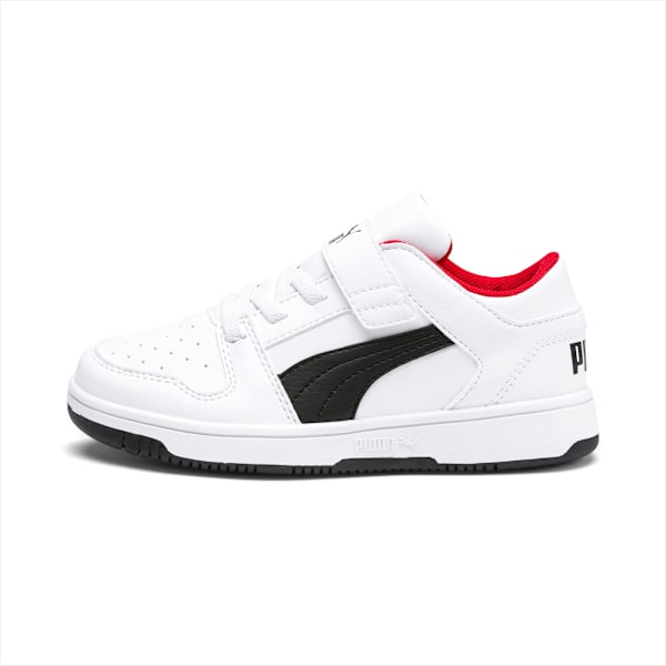 Zapatillas Puma Rebound Layup Lo SLV para niños ADP, Puma White-Puma Black-High Risk Red, large-ARG