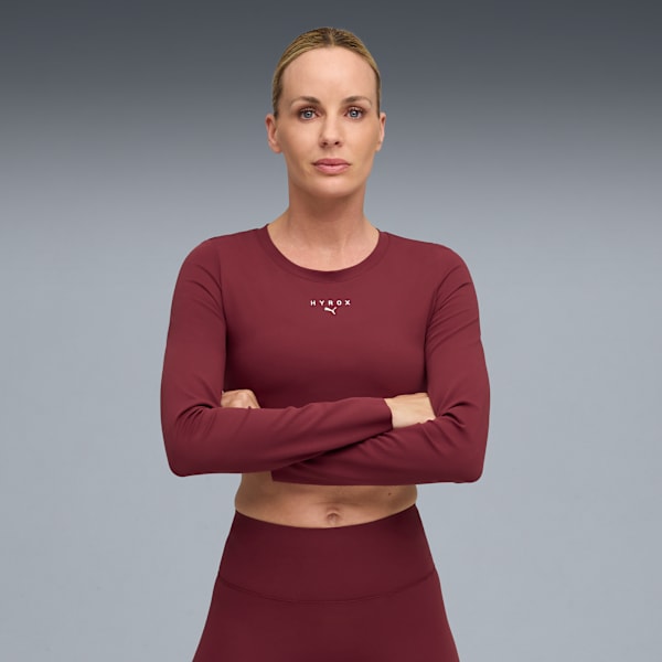 PUMA x HYROX SHAPELUXE Long Sleeve Cropped Tee Women, Ruby Shimmer, large-MEX