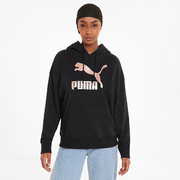 Classics Logo Women's Hoodie, Puma Black-Rose Gold, large-ZAF