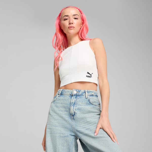 Top corto CLASSICS de canalé para mujer, PUMA White, large-ARG