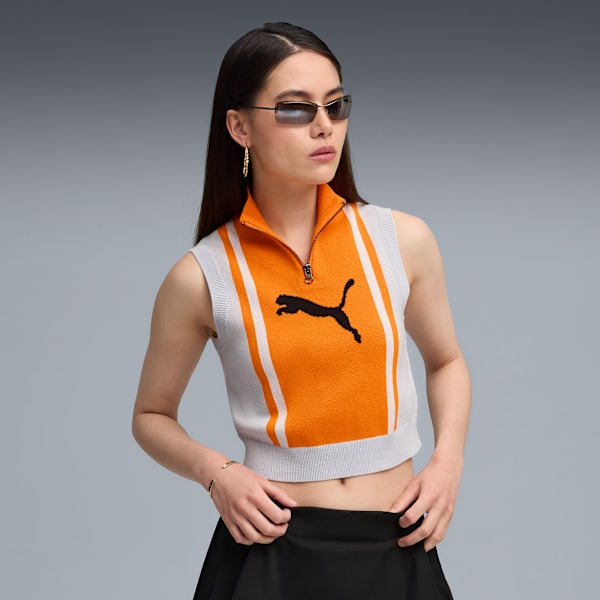 FUTURE.PUMA.ARCHIVE Half-Zip Knitted Tank Women, Silver Mist-Orange Glo, large-MEX