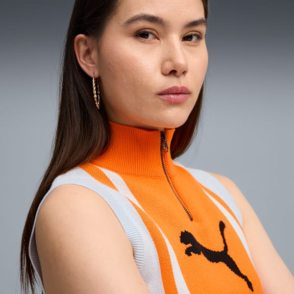 FUTURE.PUMA.ARCHIVE Half-Zip Knitted Tank Women, Silver Mist-Orange Glo, large-MEX