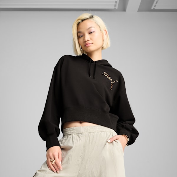 LEO LUXE Relaxed Cropped Hoodie Women, PUMA Black, large-MEX