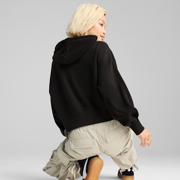 LEO LUXE Relaxed Cropped Hoodie Women, PUMA Black, large-MEX