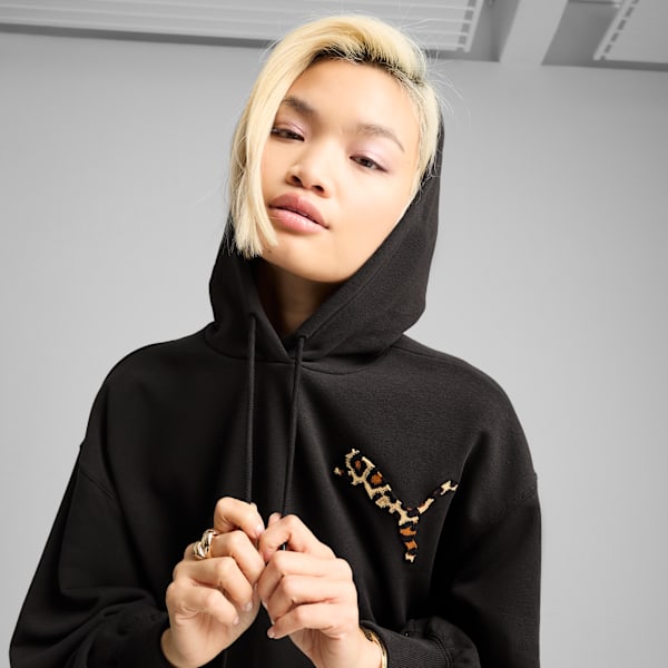 LEO LUXE Relaxed Cropped Hoodie Women, PUMA Black, large-MEX