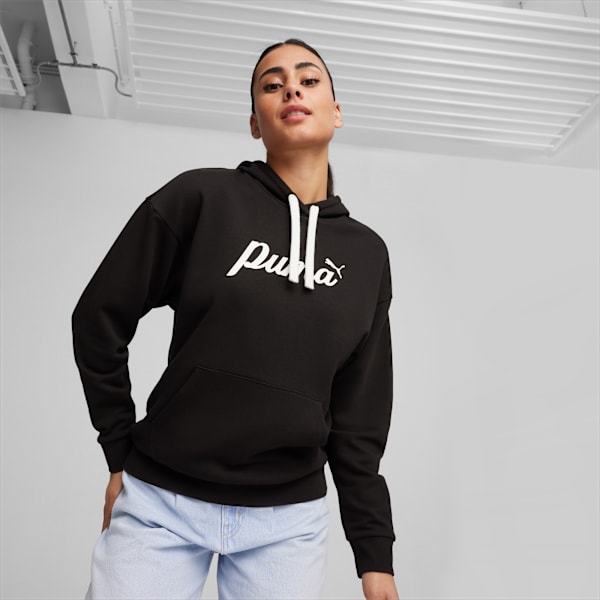 ESS+ Script Women's Hoodie, PUMA Black, large-ZAF