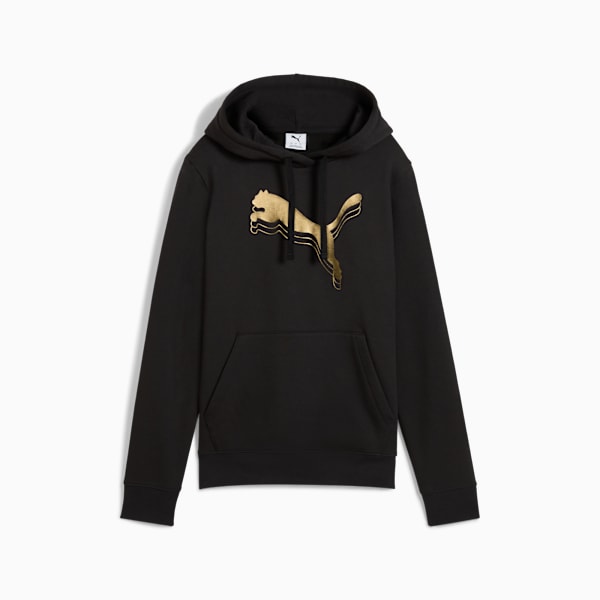Essentials Metallic Hoodie Women, PUMA Black-Metallic Gold, large-ZAF