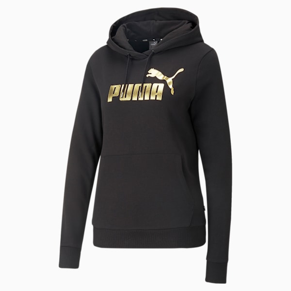 Essentials+ Metallic Logo Women's Hoodie, PUMA Black-Gold, large-MEX