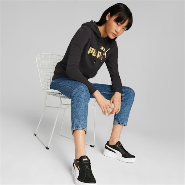 Essentials+ Metallic Logo Women's Hoodie, PUMA Black-Gold, large-MEX