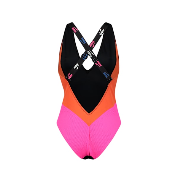 PUMA Swim Women's One Piece Plunge Swimsuit, black combo, large-MEX