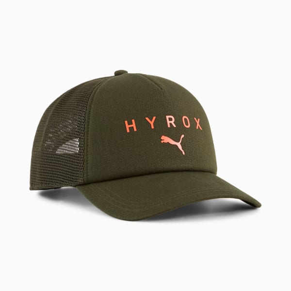 PUMA x HYROX Trucker Cap, Dark Olive-Glowing Orange, large-ZAF
