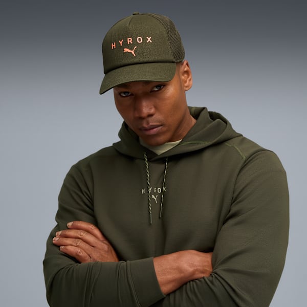 PUMA x HYROX Trucker Cap, Dark Olive-Glowing Orange, large-ZAF