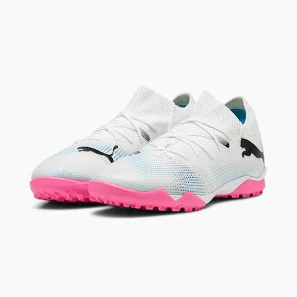 Botines de fútbol FUTURE 7 MATCH TT para mujer, PUMA White-PUMA Black-Poison Pink-Bright Aqua-Silver Mist, large-ARG