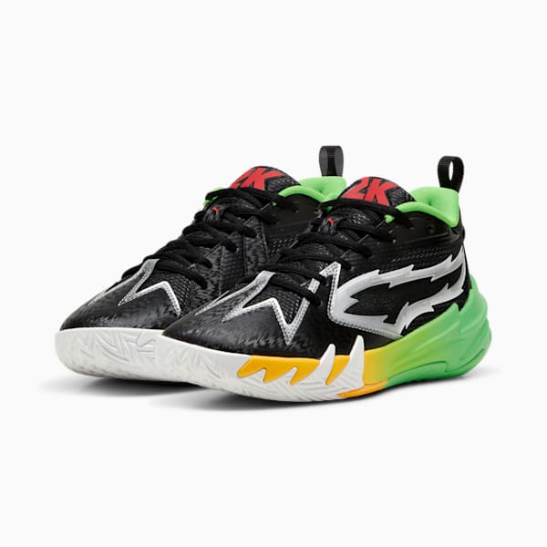 PUMA x 2k Scoot Zeros Youth Basketball Shoes, PUMA Black-Fluo Green, large-ZAF