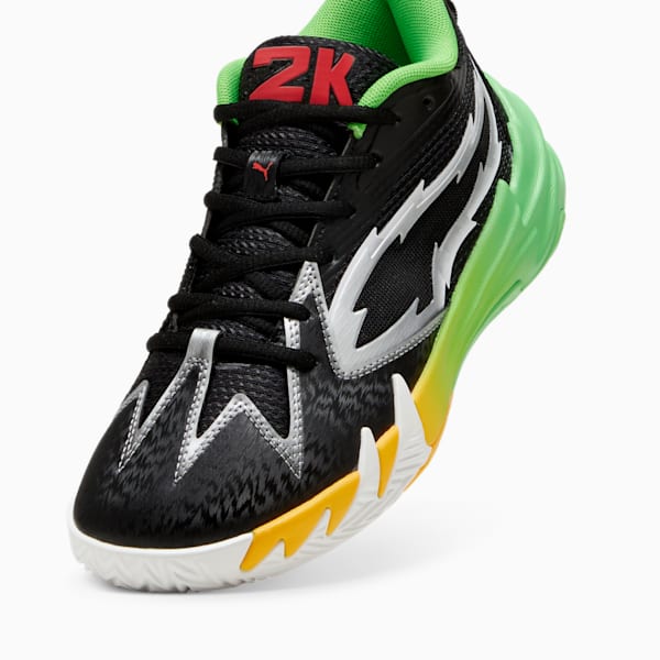 PUMA x 2k Scoot Zeros Youth Basketball Shoes, PUMA Black-Fluo Green, large-ZAF