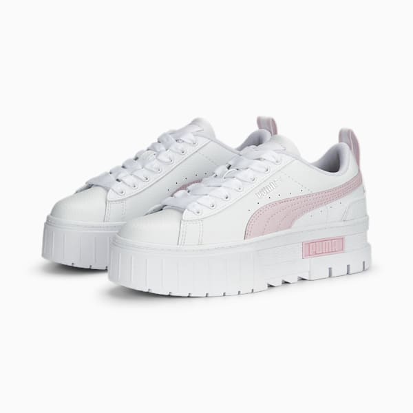 Mayze Leather Youth Trainers, PUMA White-Pearl Pink-Vivid Violet, large-ZAF