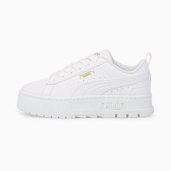 Zapatillas Mayze infantiles de cuero, Puma White-Puma Team Gold, large-ARG