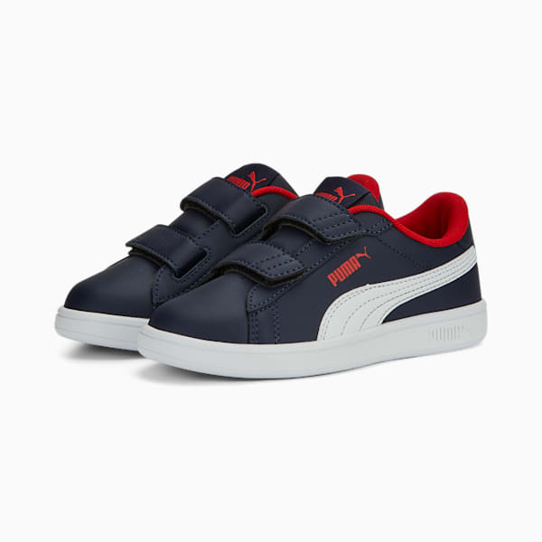 Smash 3.0 Leather V Sneakers Kids, PUMA Navy-PUMA White-For All Time Red, large-MEX