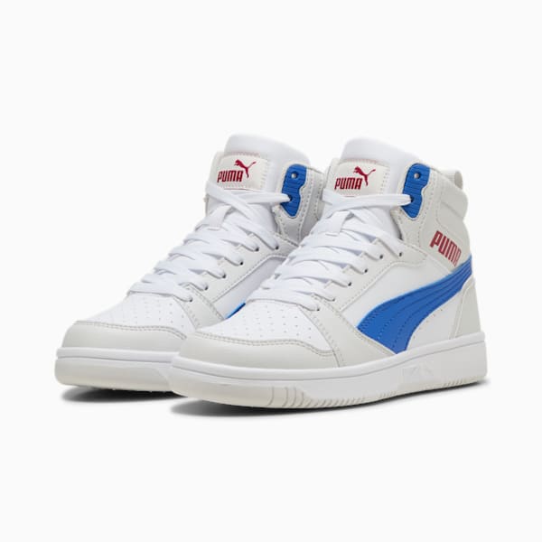 Rebound V6 Mid Sneakers Youth, PUMA White-Vivid Blue-Feather Gray, large-ZAF