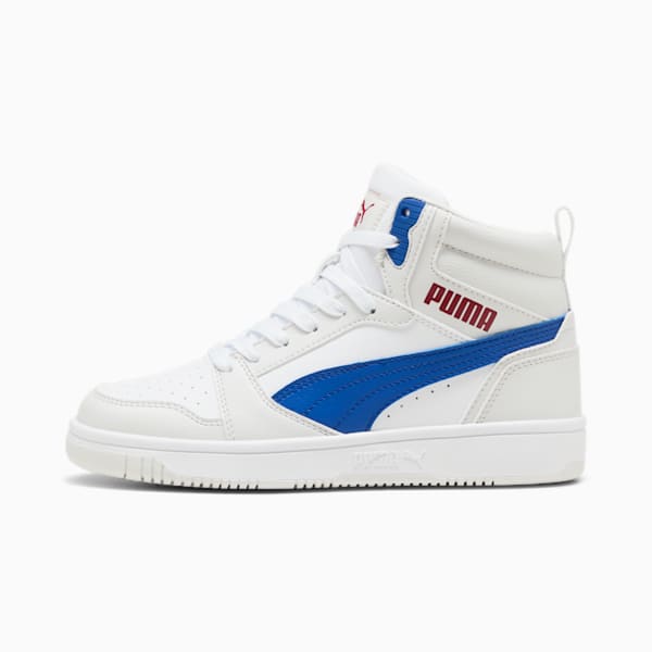 Rebound V6 Mid Sneakers Youth, PUMA White-Vivid Blue-Feather Gray, large-ZAF