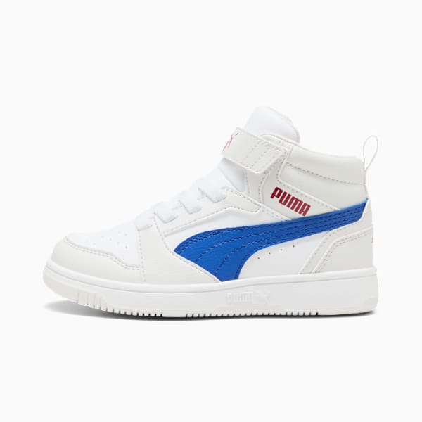 Rebound V6 Mid Sneakers Kids, PUMA White-Vivid Blue-Feather Gray, large-ZAF