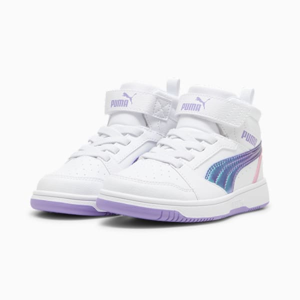 Rebound V6 Mid Bouncy Sky Sneakers Kids, PUMA White-Lavender Alert-Mauved Out, large-MEX