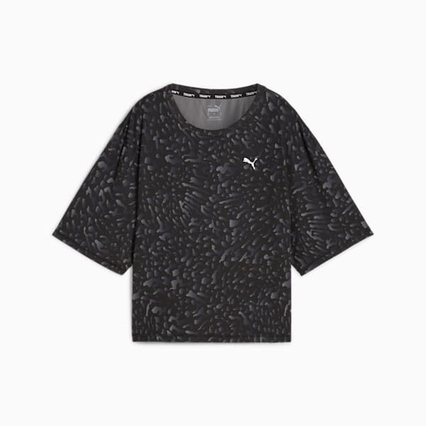 Remera corta con estampado integral Train Favourite para mujer, PUMA Black-Skin AOP, large-ARG