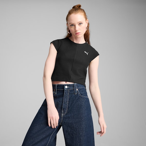 Remera corta Wardrobe Essentials Rib para mujer, PUMA Black, large-ARG