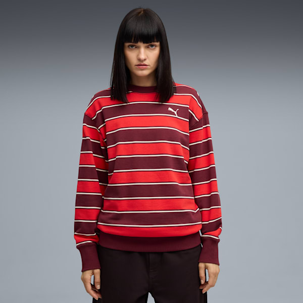 Premium Essentials Relaxed Stripe Crew Sweatshirt Unisex, Ruby Shimmer-AOP, large-ZAF