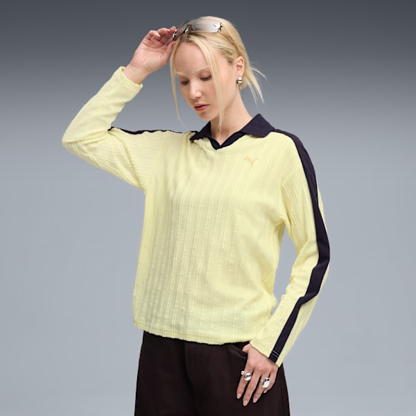 T7 Relaxed Long Sleeve Polo Women, Gold Moon, large-ZAF