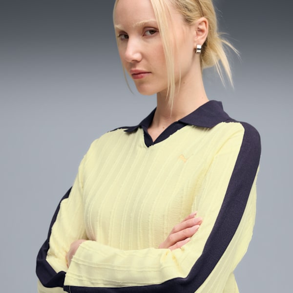 T7 Relaxed Long Sleeve Polo Women, Gold Moon, large-ZAF