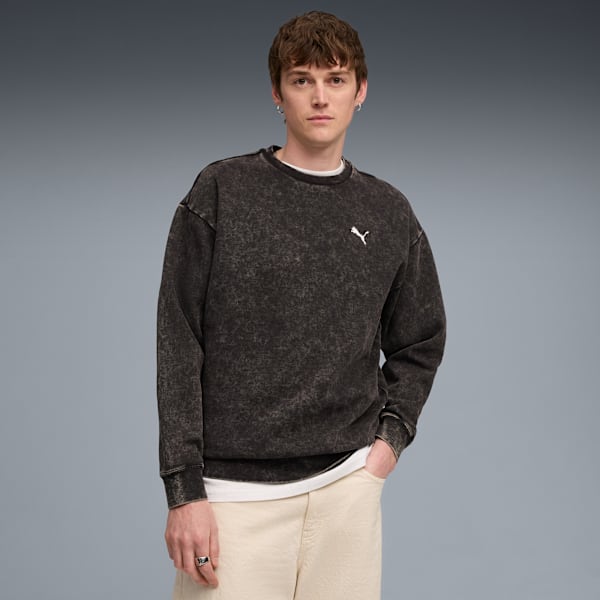 Essentials Elevated Relaxed Wash Crew Sweatshirt Men, PUMA Black, large-ZAF